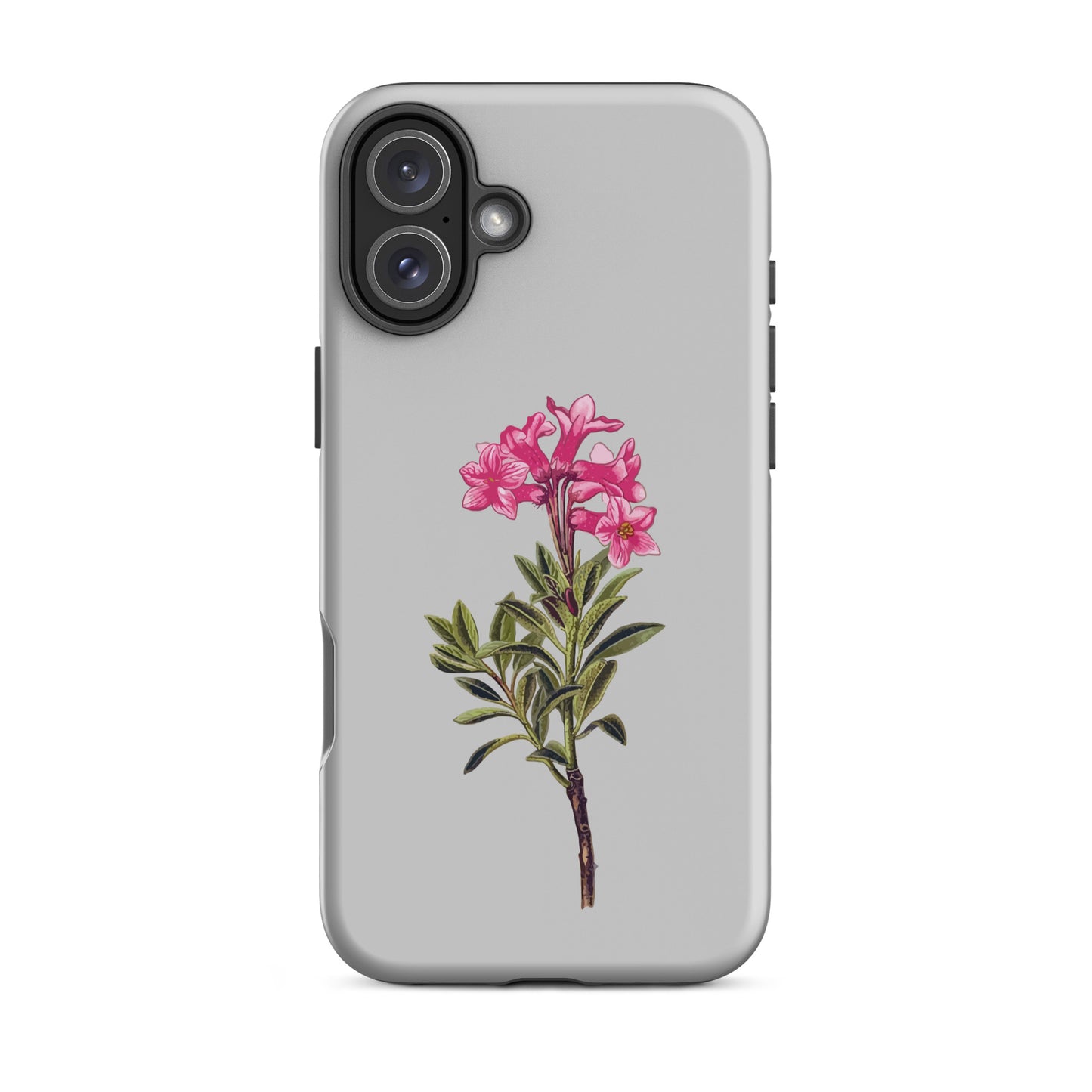 Graue iPhone 16 Plus Handyhülle mit Alpenrose-Design, robust und stilvoll.