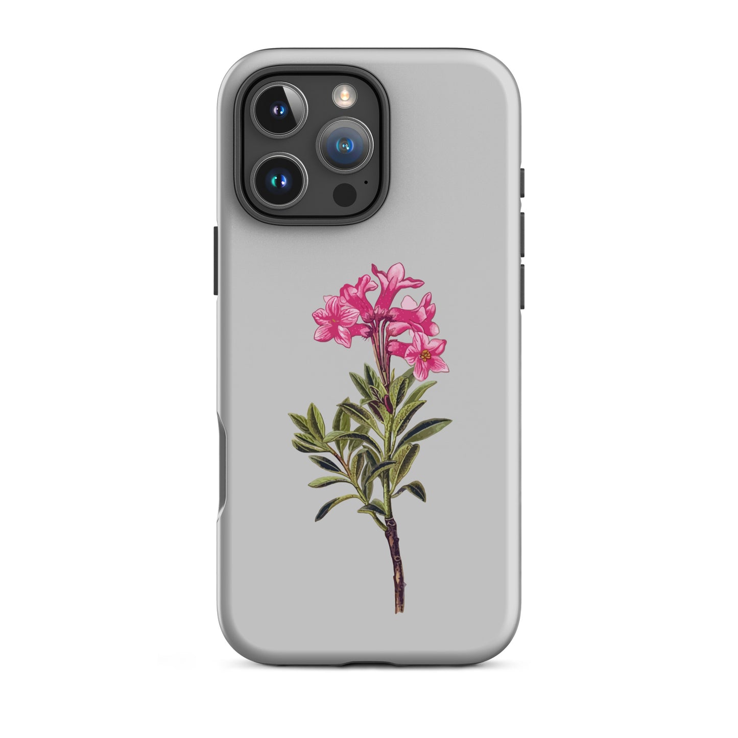 Graue iPhone 16 Pro Max Handyhülle mit Alpenrose-Design aus robustem Silikon