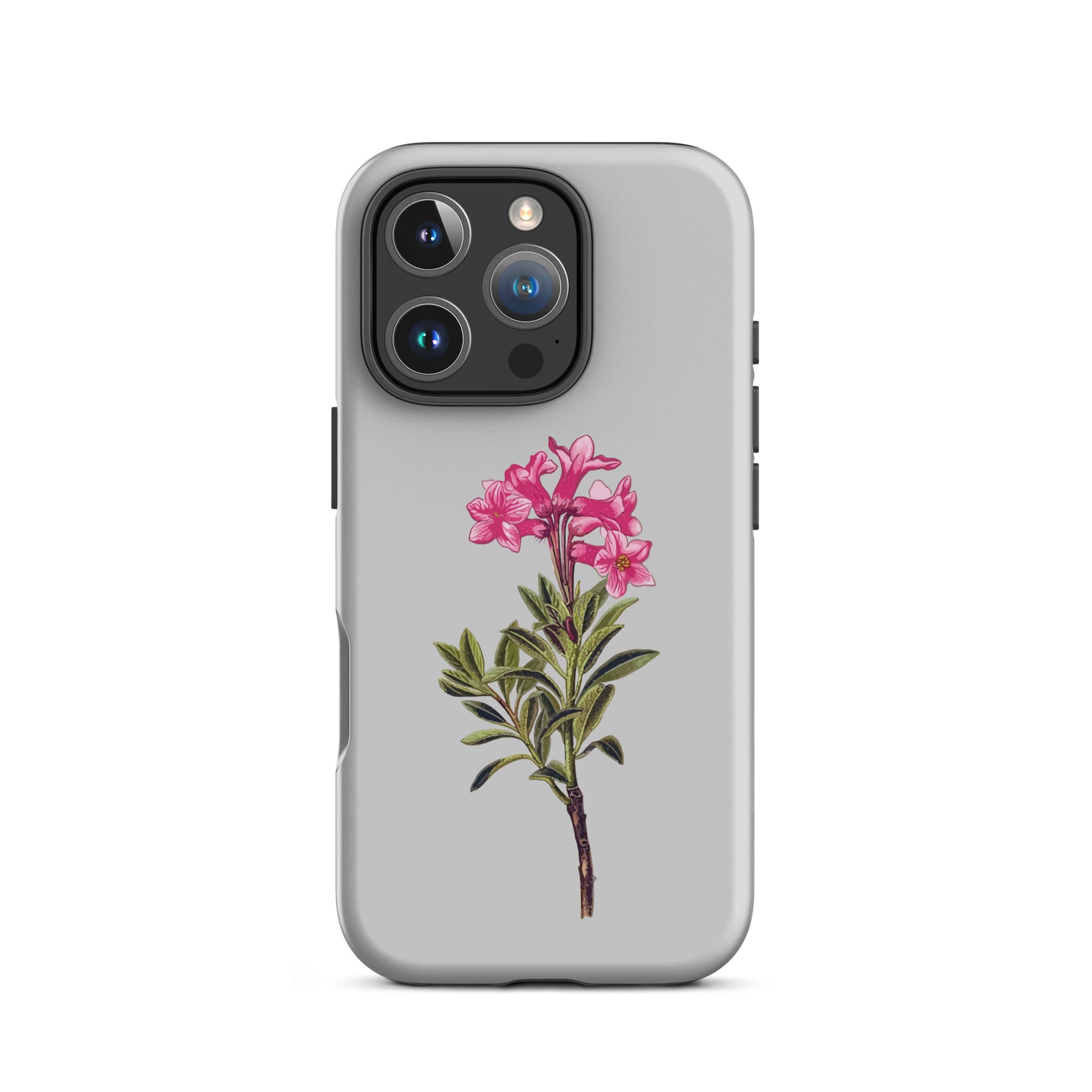 Graue iPhone 16 Pro Hülle mit Alpenrosen-Design aus robustem Kunststoff