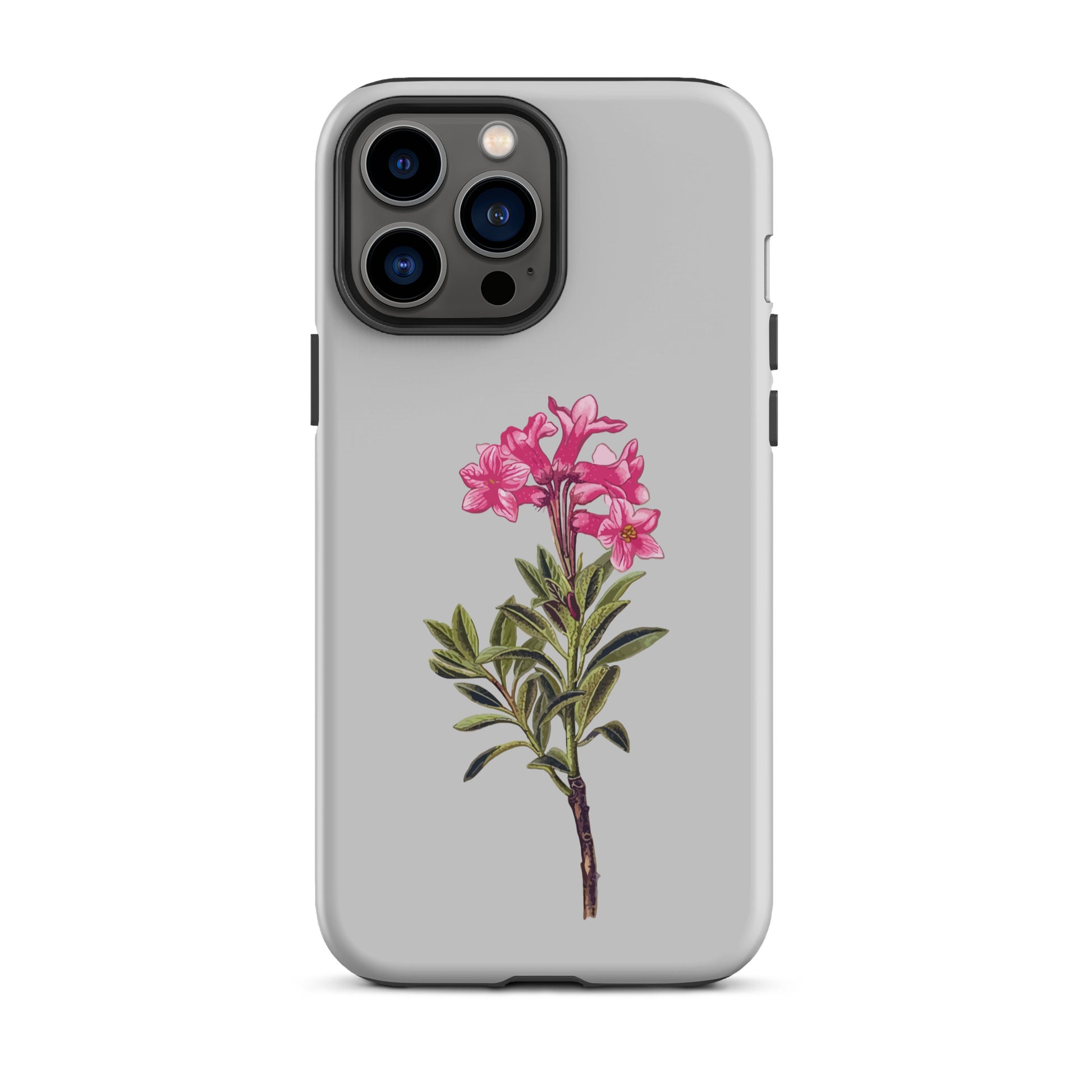Graue iPhone 13 Pro Max Hülle mit Alpenrosen-Design aus robustem Kunststoff
