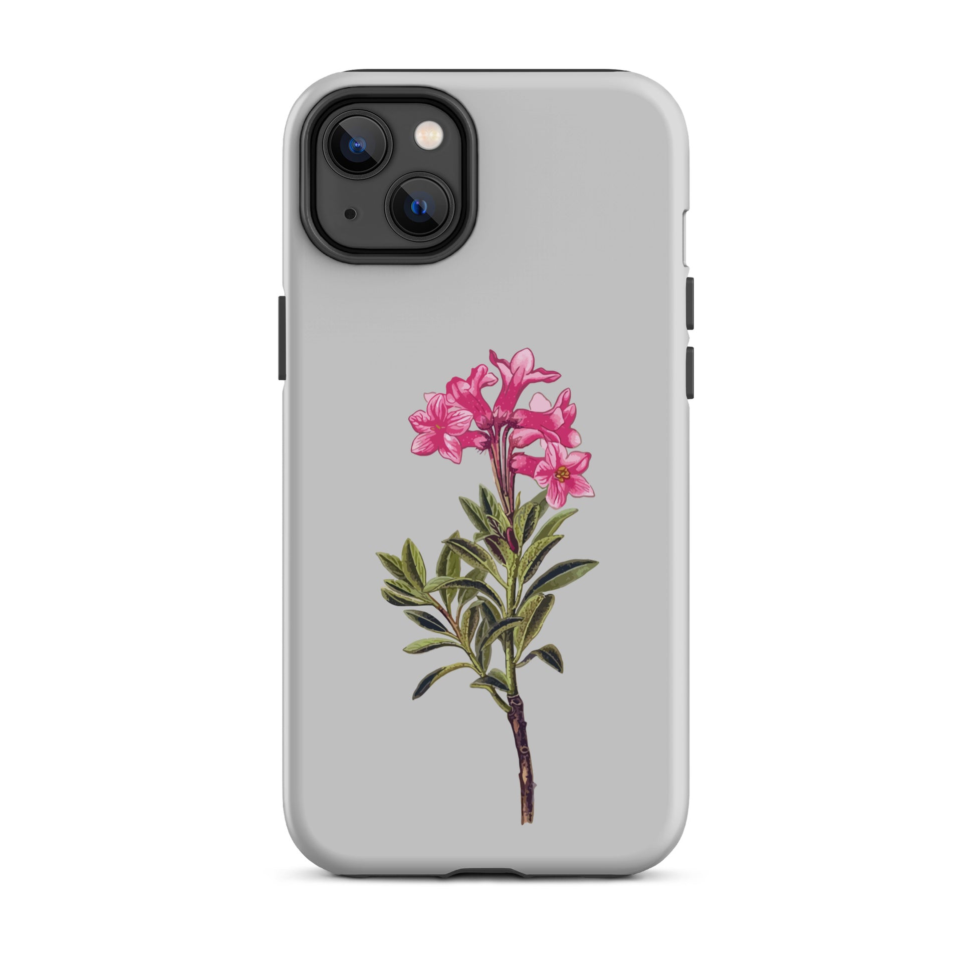 Graue iPhone 14 Plus Hülle mit Alpenrose-Design, robustes Material, präzise Aussparungen