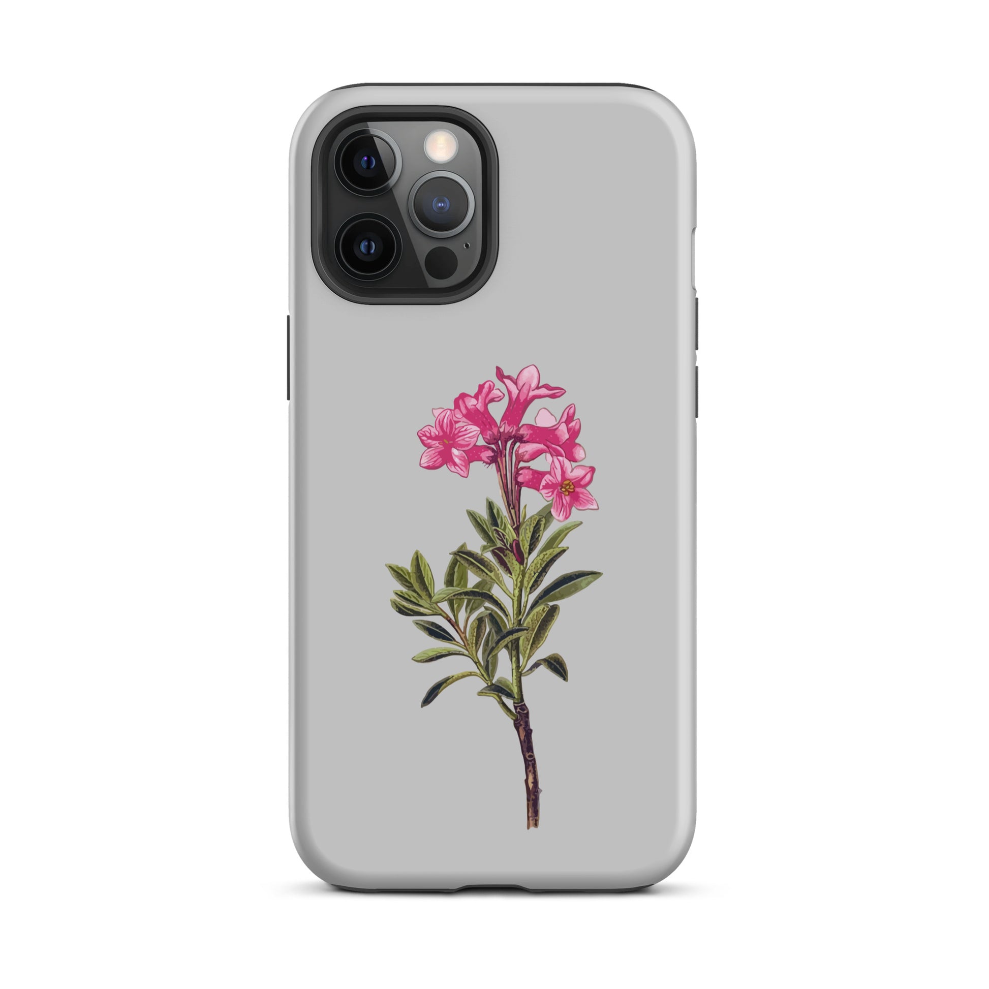 Graue iPhone 12 Pro Max Handyhülle mit Alpenrose Design, seitliche Ansicht.