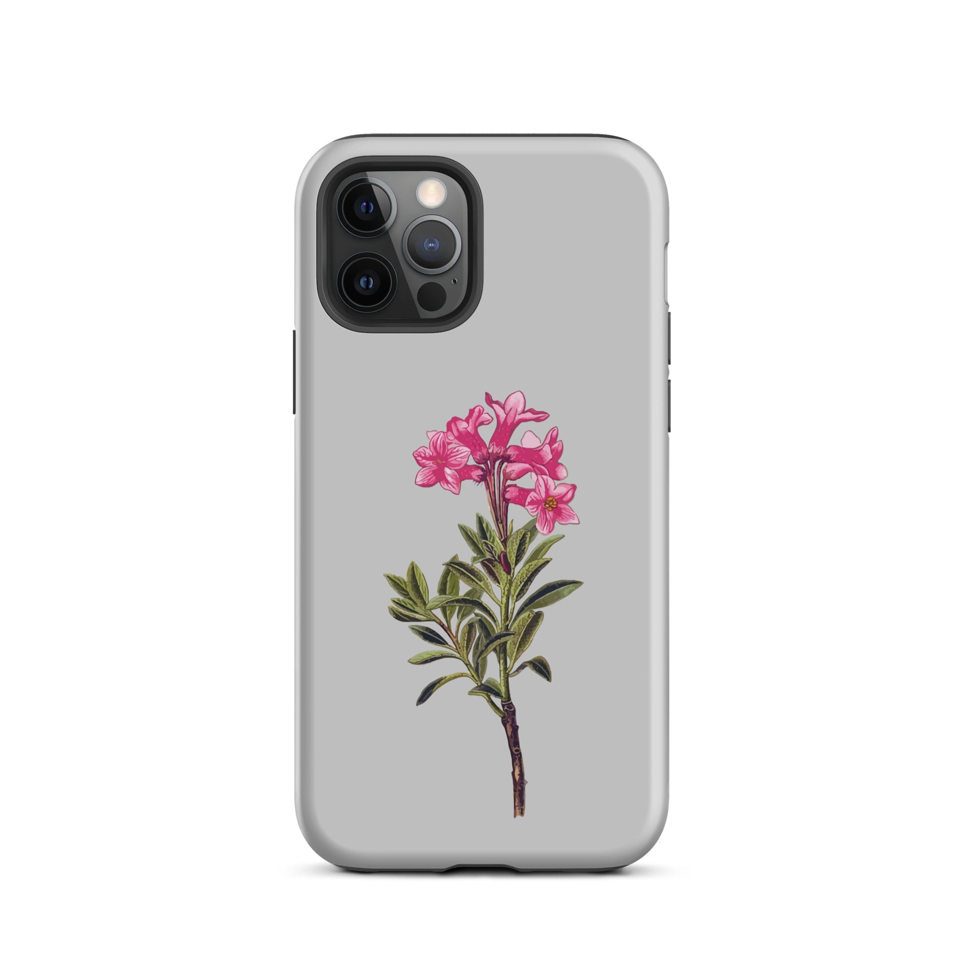 Graue iPhone 12 Pro Handyhülle mit Alpenrose-Design, schützende Silikonhülle