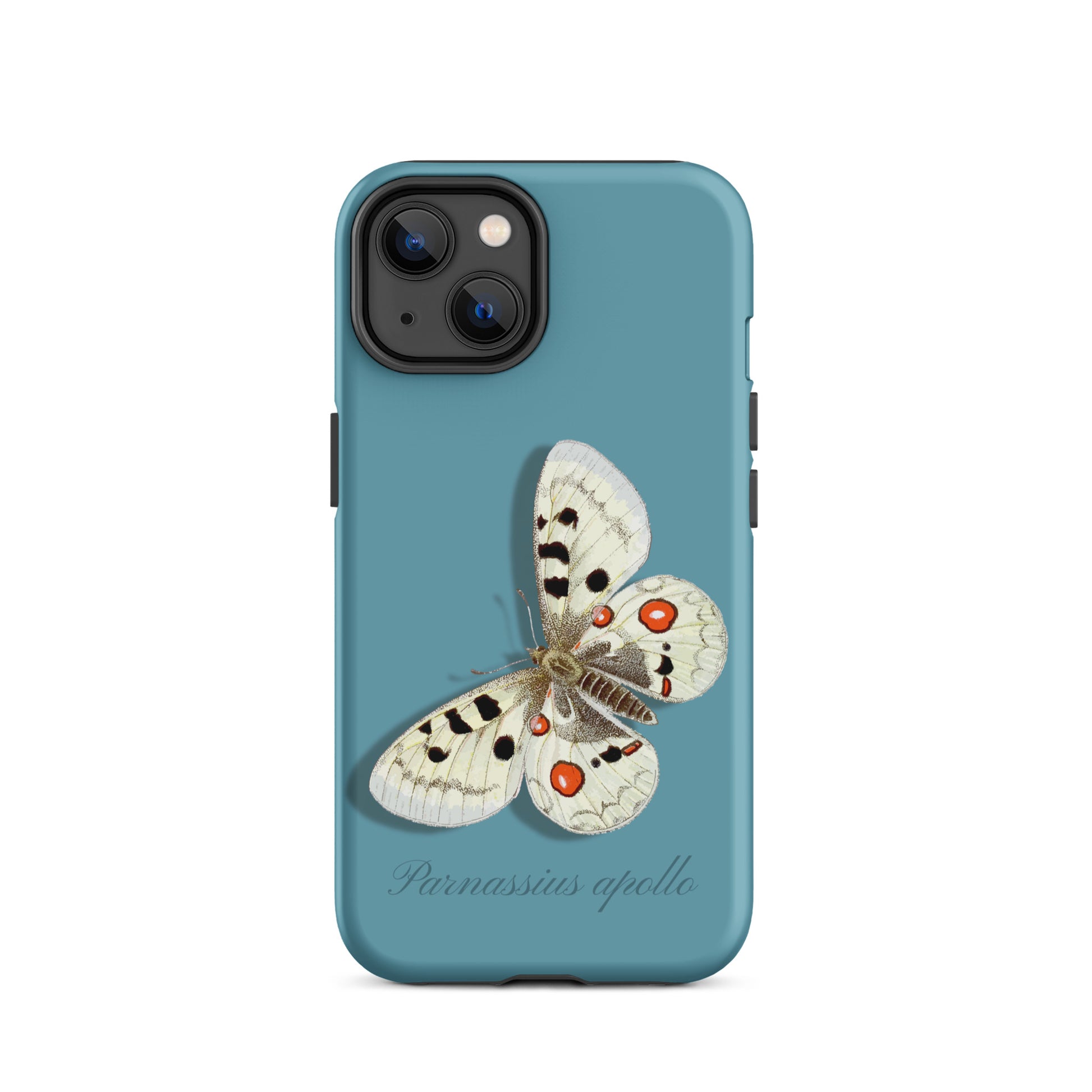 iPhone 14 Hülle Apollofalter in Gletscherwasserblau, durchsichtiges Design mit Schmetterlingsmotiv
