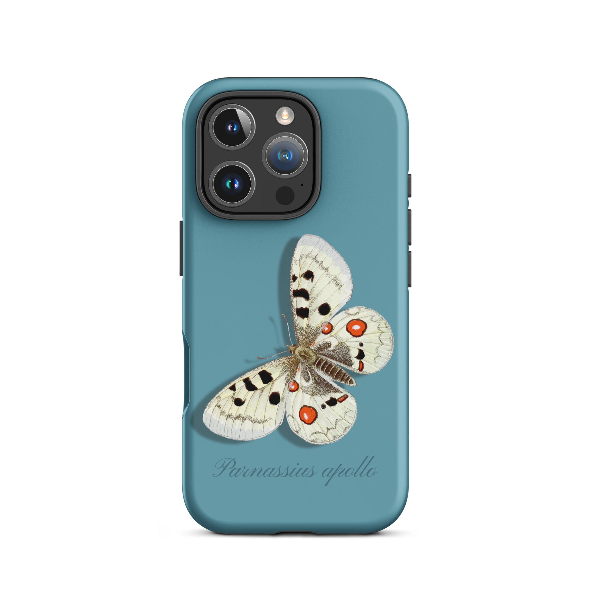 Schützende iPhone 16 Pro Hülle in Gletscherwasserblau mit Apollofalter-Design aus robustem Kunststoff.