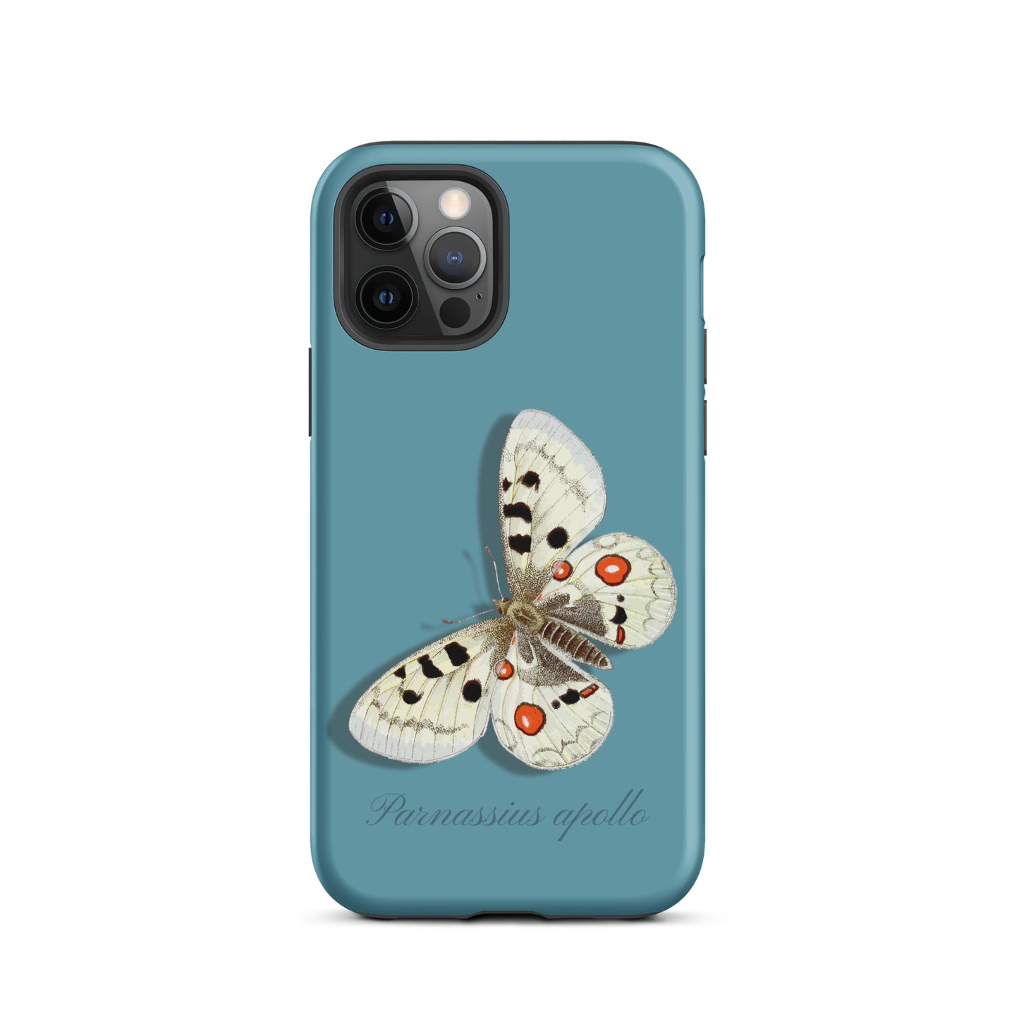 iPhone 12 Pro Hülle in Gletscherwasserblau mit Apollofalter-Design, Schutzhülle aus robustem Material.
