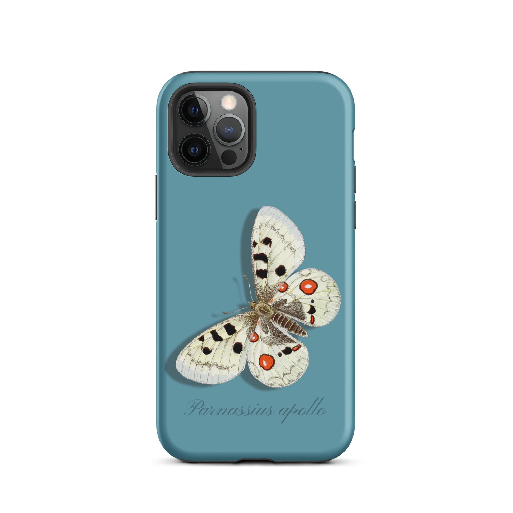 iPhone 12 Pro Hülle in Gletscherwasserblau mit Apollofalter-Design, Schutzhülle aus robustem Material.
