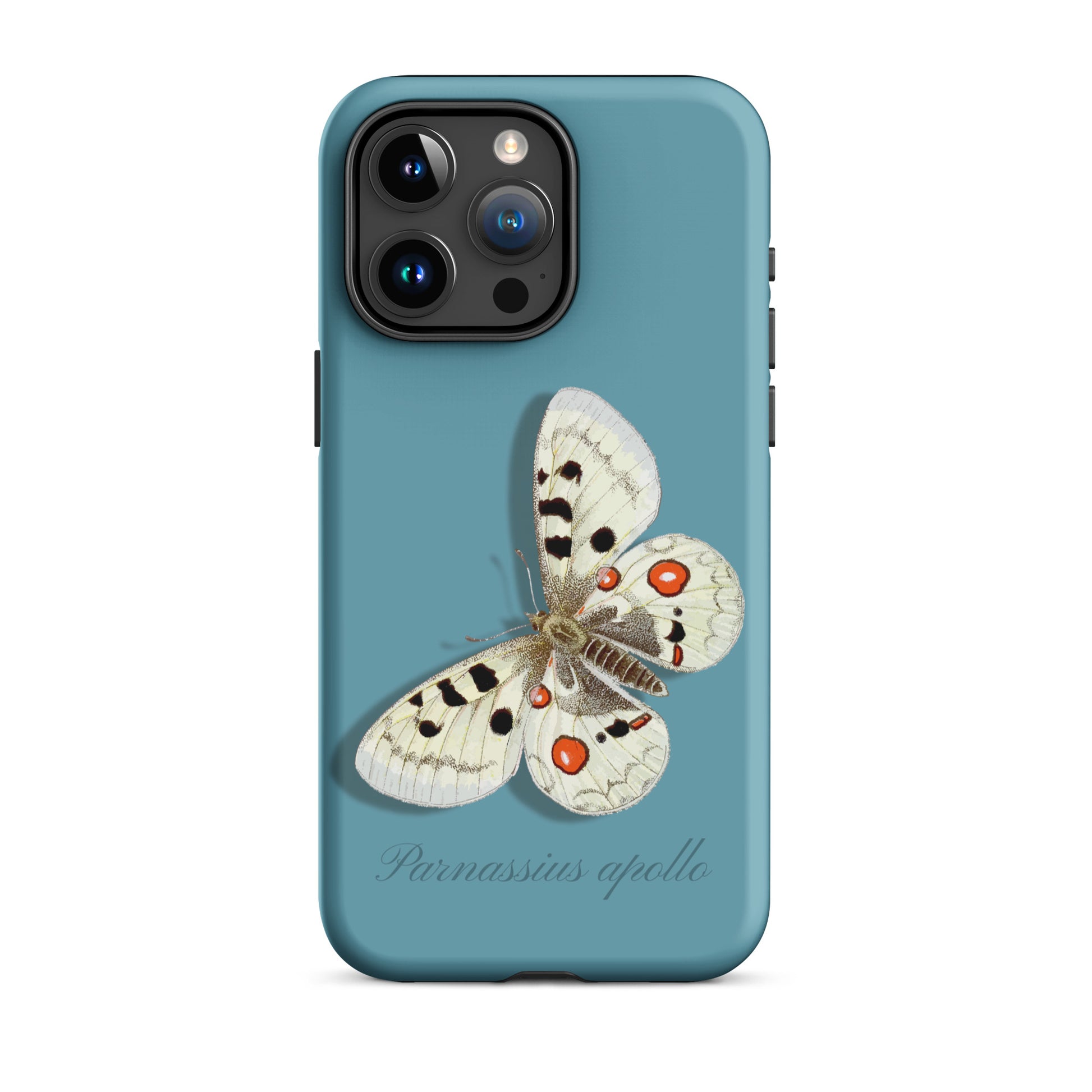 iPhone 15 Pro Max Hülle Apollofalter in Gletscherwasserblau mit Schmetterlingsmuster.