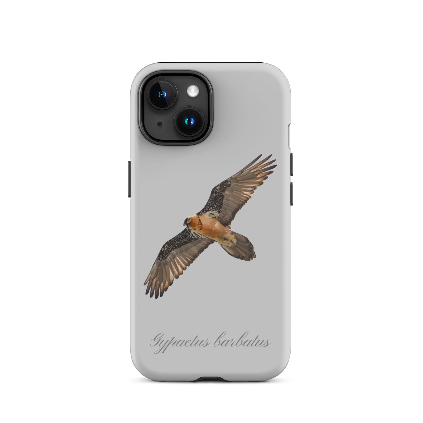 Graue iPhone Hülle mit Bartgeier-Motiv, robuste Schutzhülle aus Kunststoff für Apple iPhone.