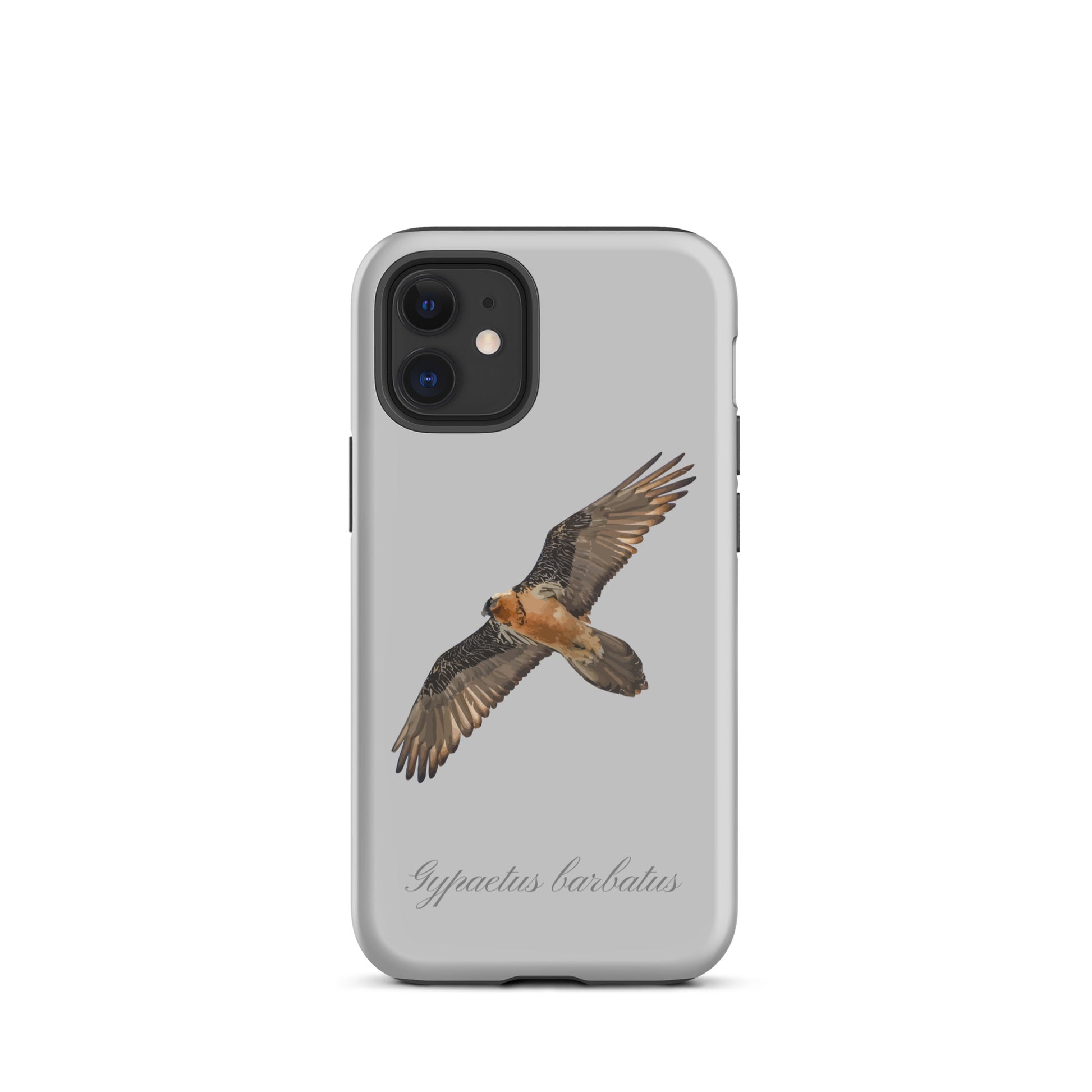 Graue iPhone Hülle mit Bartgeier-Motiv, robustes Material, matte Oberfläche, schlichtes Design