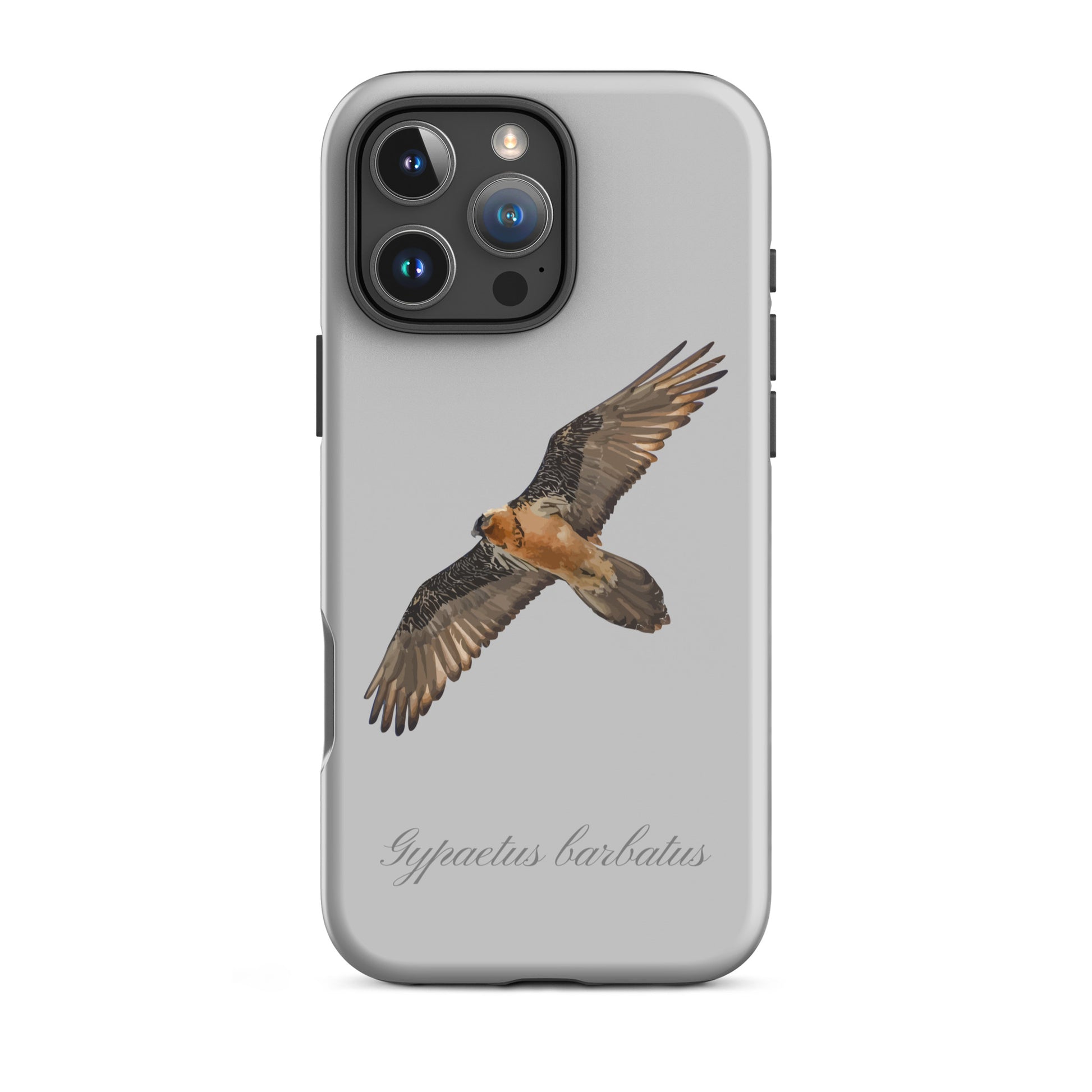 Graue iPhone-Hülle mit Bartgeier-Motiv, robustes Design, präzise Aussparungen