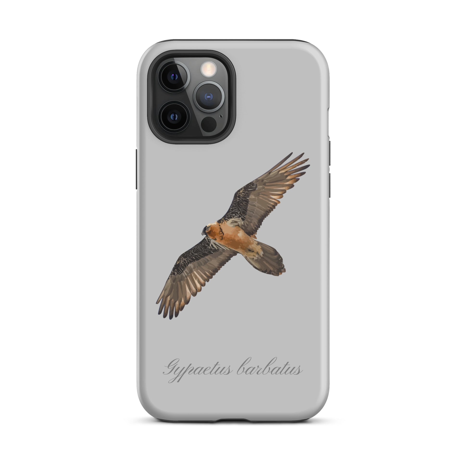 Graue iPhone-Hülle mit Bartgeier-Motiv aus robustem Silikon, passend für Apple iPhone.