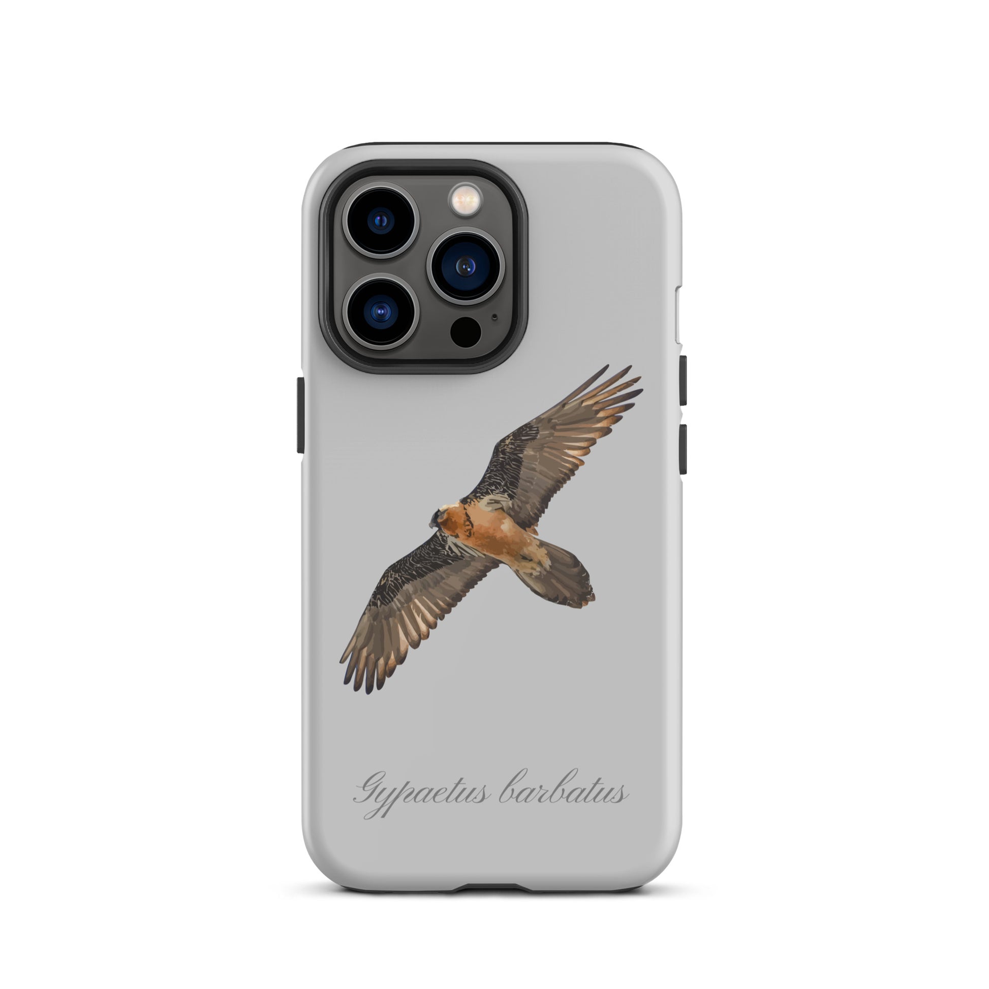 Graue iPhone-Hülle mit Bartgeier-Motiv aus robustem Kunststoff, passend für Apple iPhone.