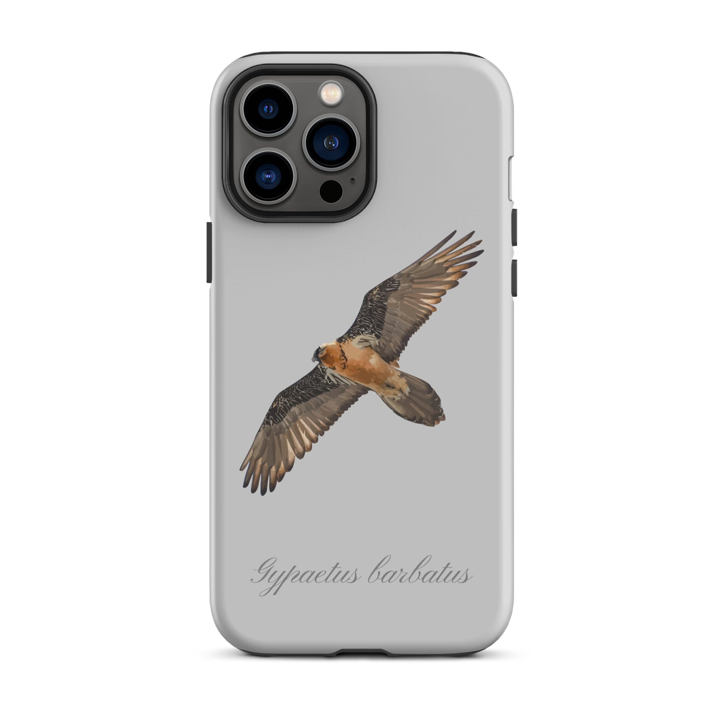 Graue iPhone-Hülle mit Bartgeier-Motiv, stoßfestes Silikon, präzise Aussparungen