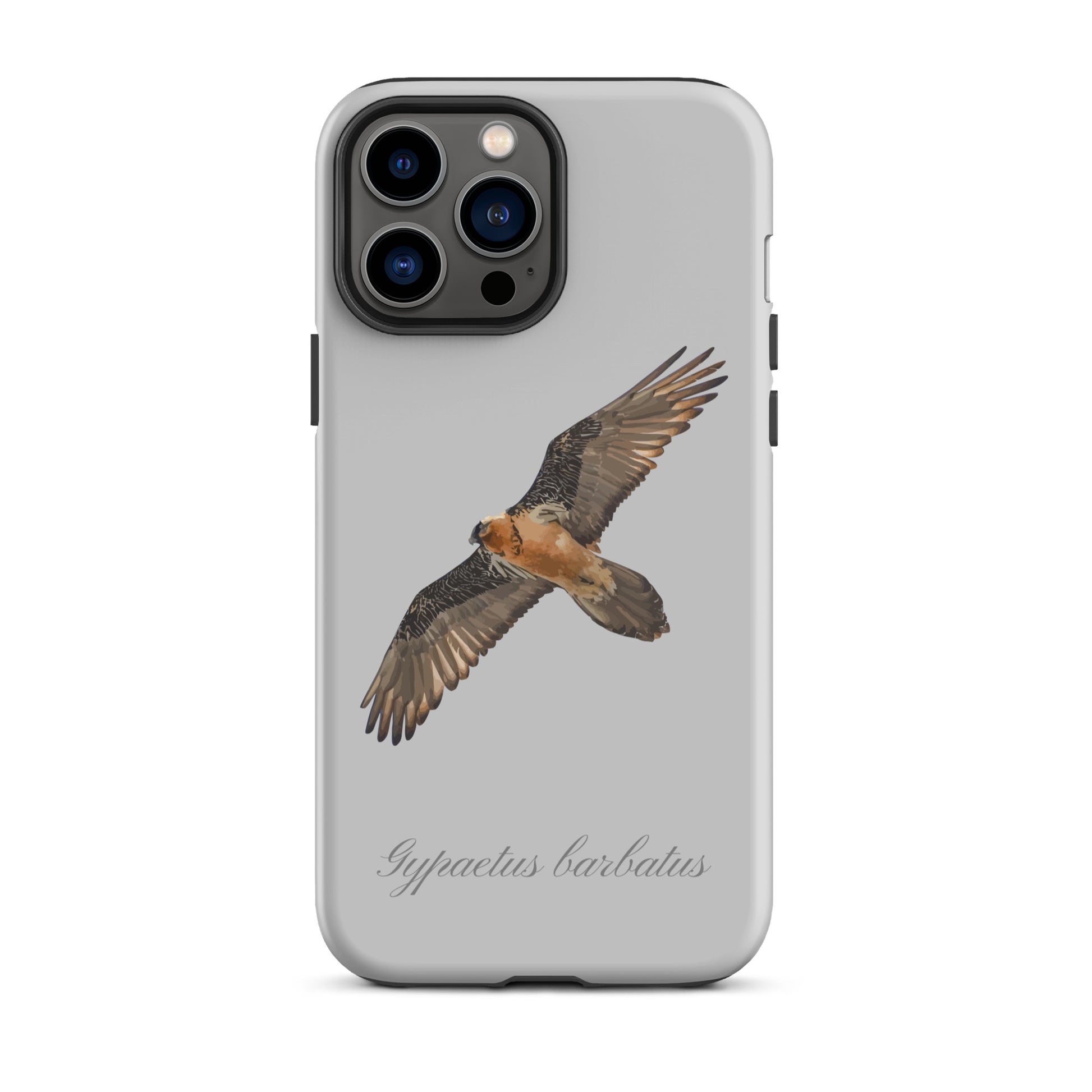 Graue iPhone-Hülle mit Bartgeier-Motiv, stoßfestes Silikon, präzise Aussparungen