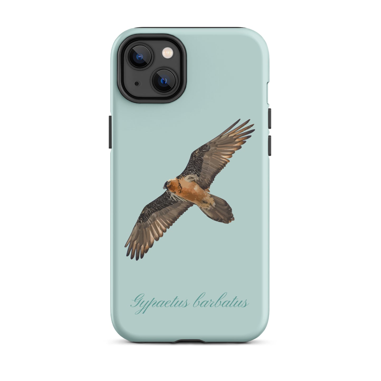 Hellblaue iPhone-Hülle mit Bartgeier-Design aus robustem Kunststoff.