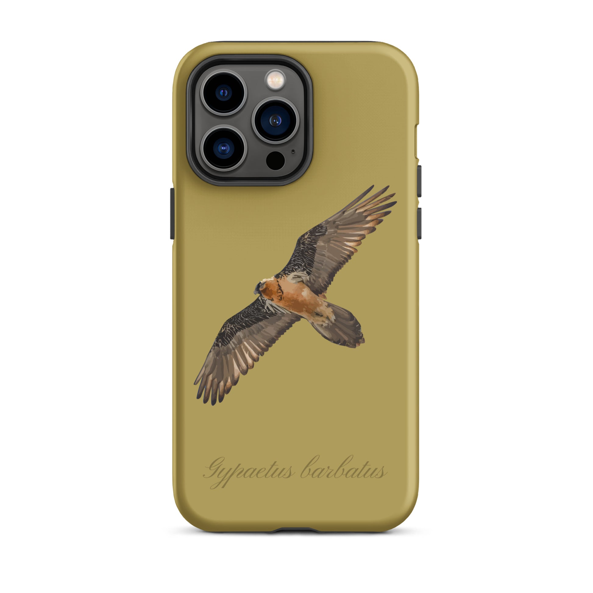 Ockergelbe iPhone-Hülle mit Bartgeier-Motiv, robustes Design, präzise Aussparungen