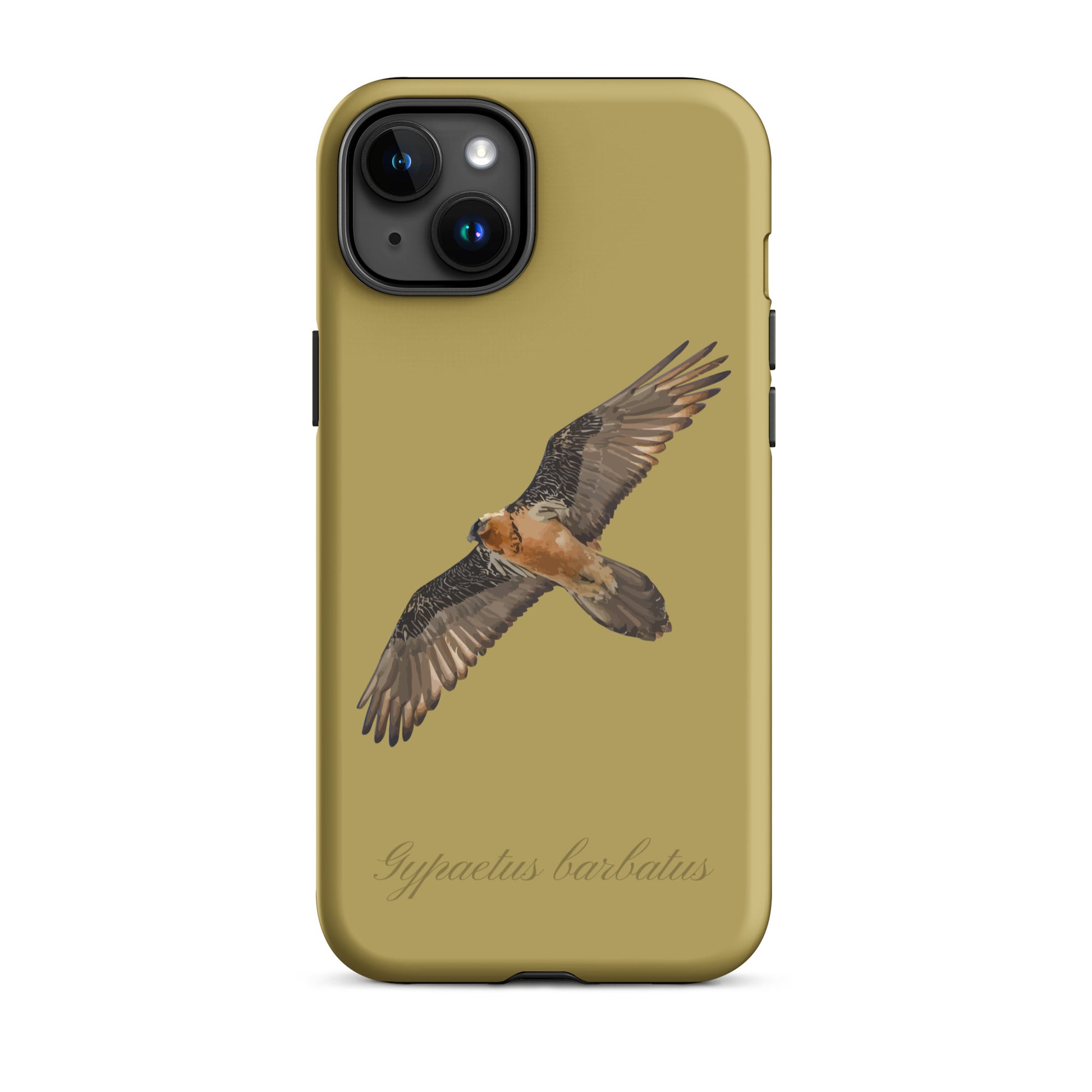 Ockergelbe iPhone-Hülle mit Bartgeier-Motiv aus robustem Kunststoff für Apple iPhone.