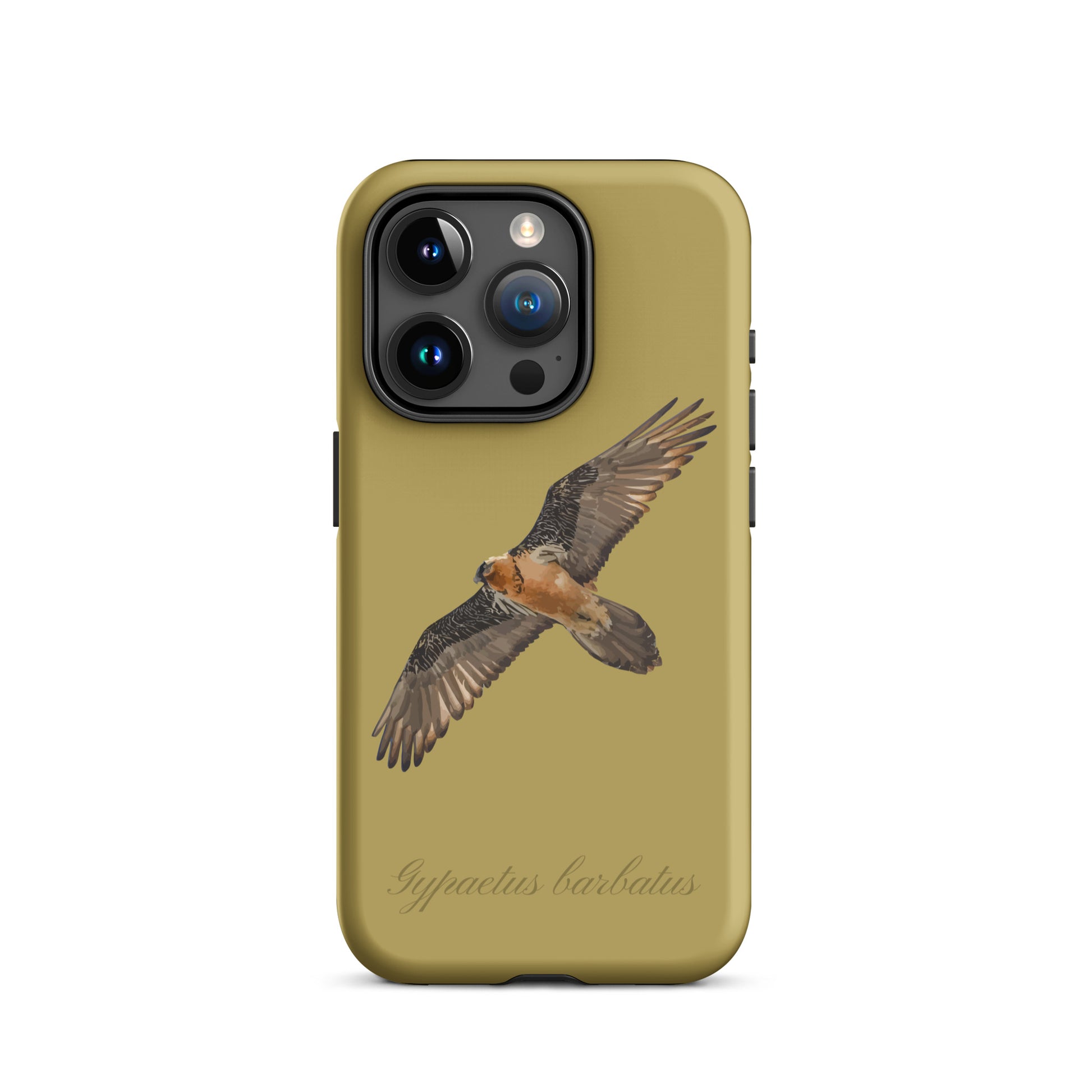Ockergelbe iPhone-Hülle mit Bartgeier-Motiv aus robustem Kunststoff, Schutzhülle für Apple iPhone.