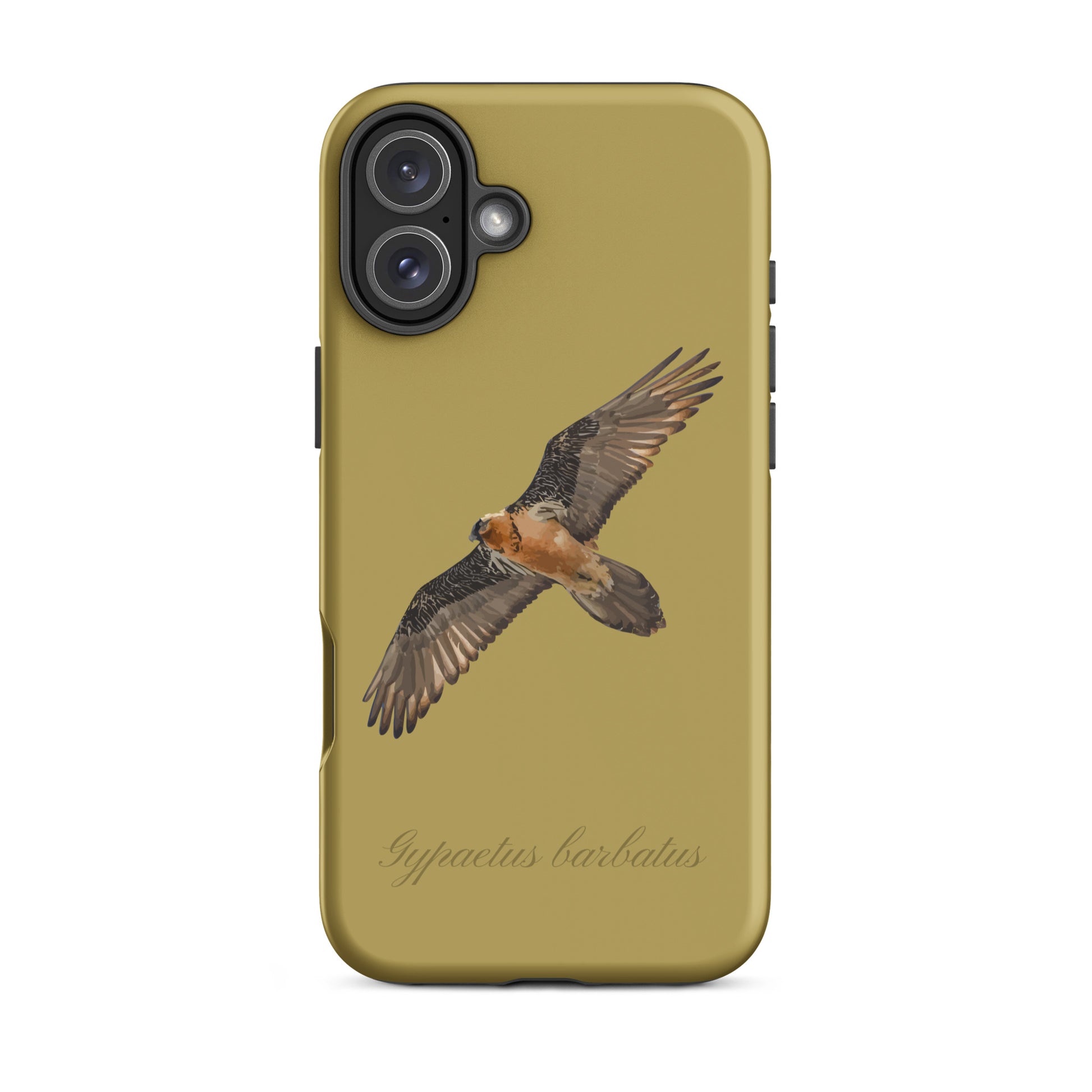 Ockergelbe iPhone-Hülle mit Bartgeier-Motiv aus robustem Kunststoff.