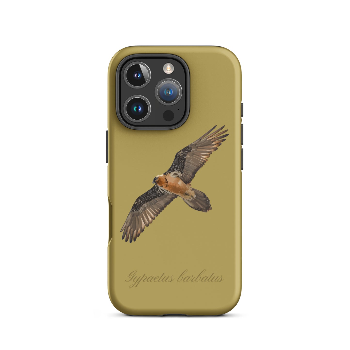 Ockergelbe iPhone-Hülle mit Bartgeier-Motiv, robustes Design, präzise Aussparungen.