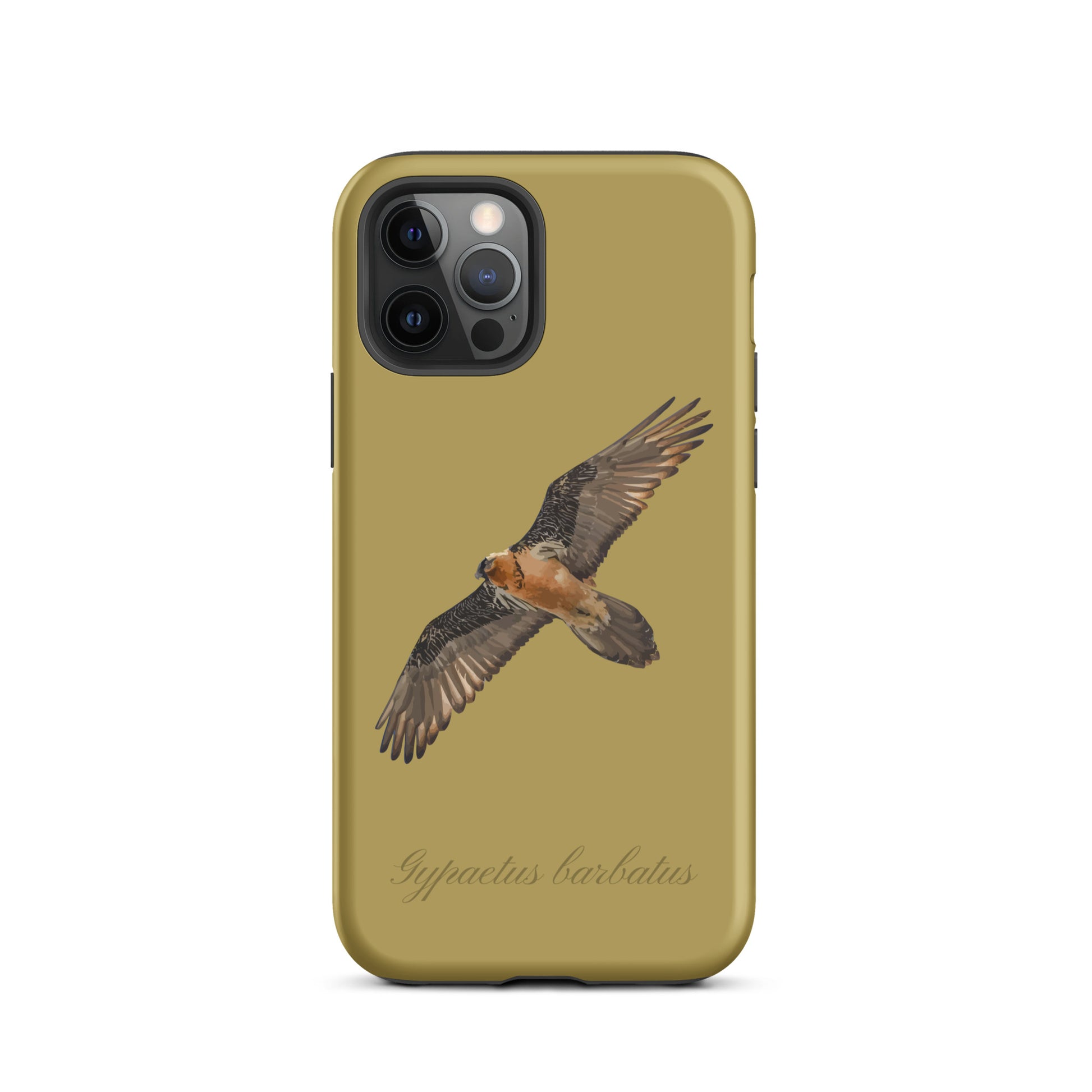Ockergelbe iPhone-Hülle mit Bartgeier-Motiv, robustes Design, präzise Aussparungen.