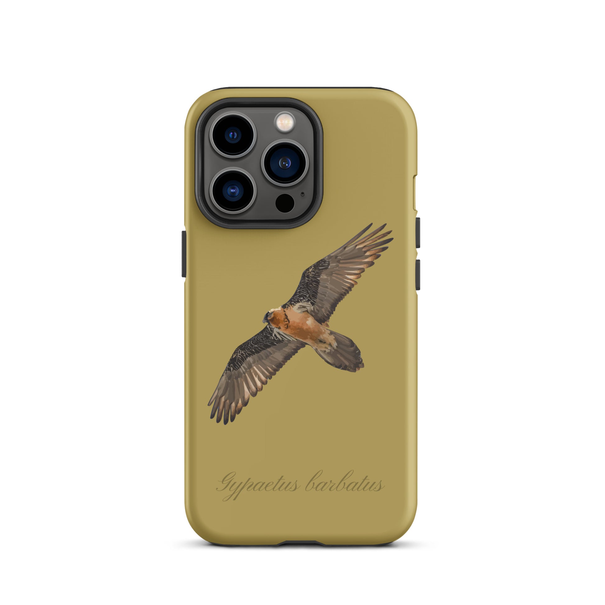 Ockergelbe iPhone-Hülle mit Bartgeier-Motiv, Schutzhülle aus robustem Material für Apple iPhone.