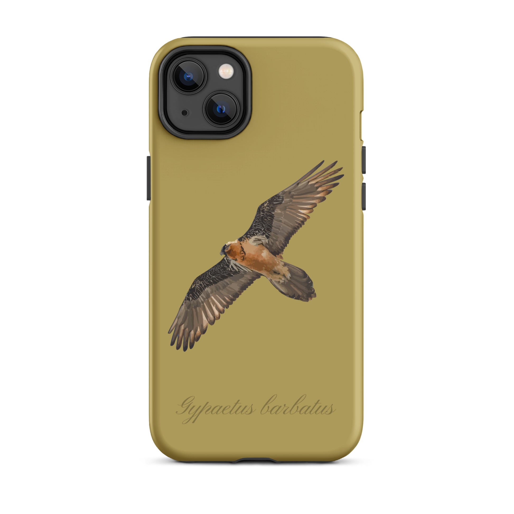 Ockergelbe iPhone-Hülle mit Bartgeier-Motiv, Schutzhülle aus robustem Material.