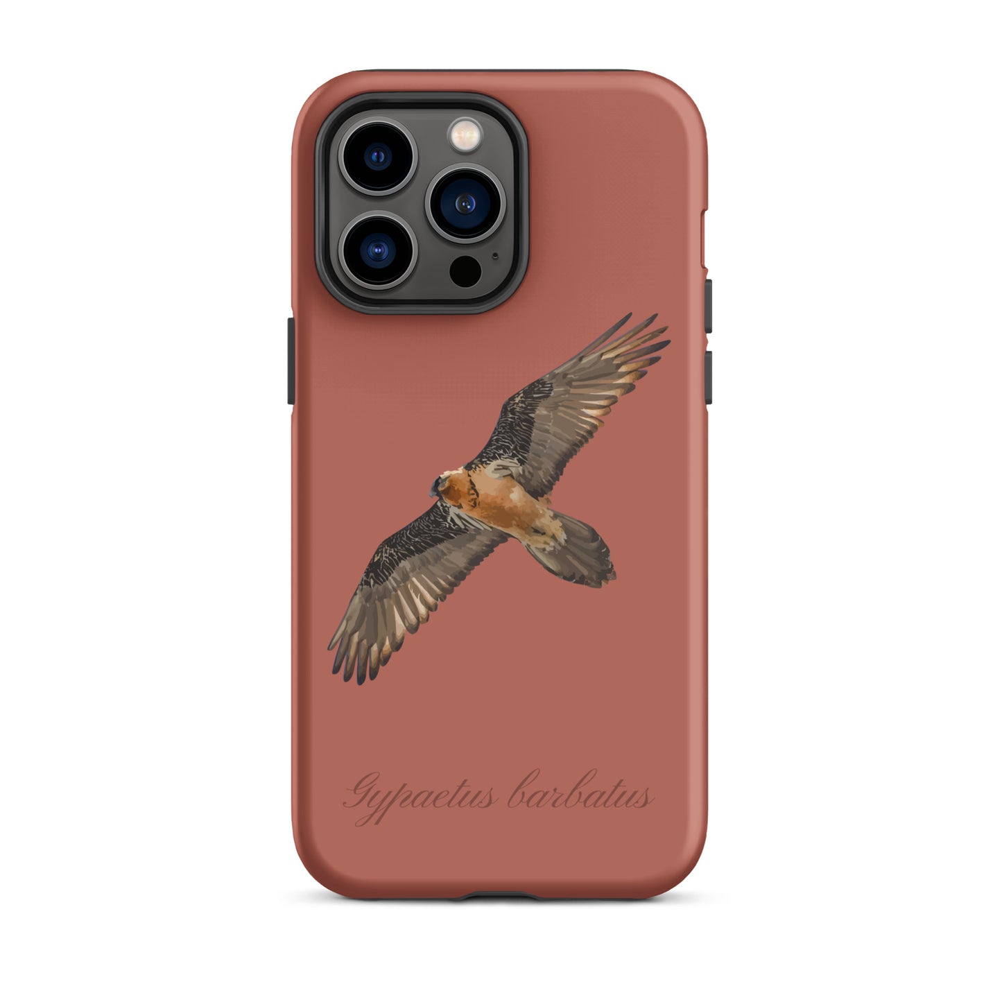 Rote iPhone-Hülle mit Bartgeier-Motiv aus robustem Kunststoff, Seitenansicht.