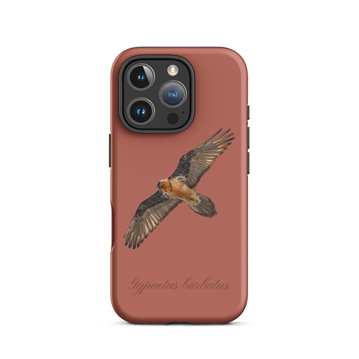 Ziegelrote iPhone-Hülle mit Bartgeier-Motiv, robustes Design, präzise Aussparungen
