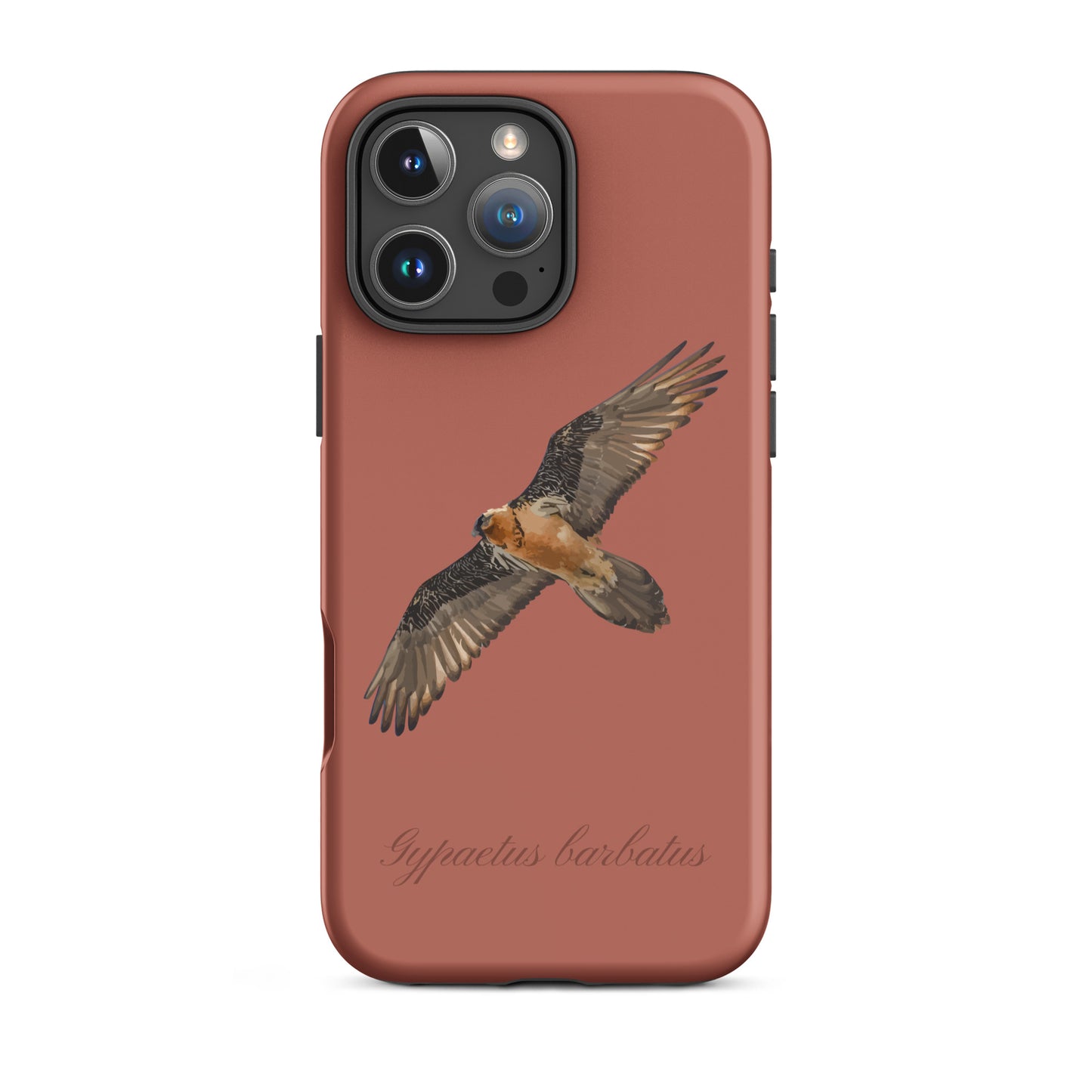 Ziegelrote iPhone-Hülle mit Bartgeier-Motiv, robustes Design, präzise Aussparungen