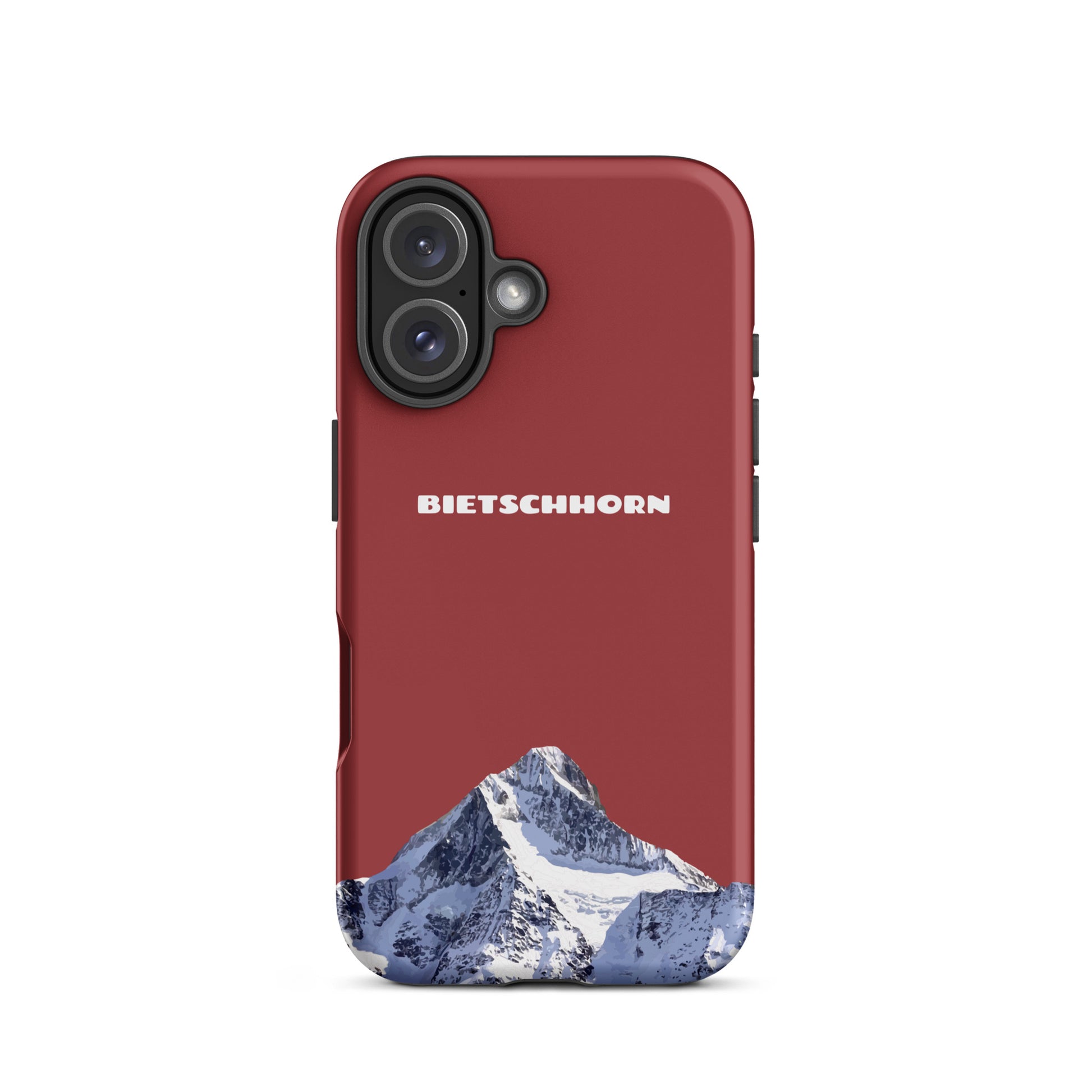 Rote iPhone Handyhülle mit Bietschhorn-Motiv, hartes Gehäuse für Apple iPhone, Alpenlandschaft.