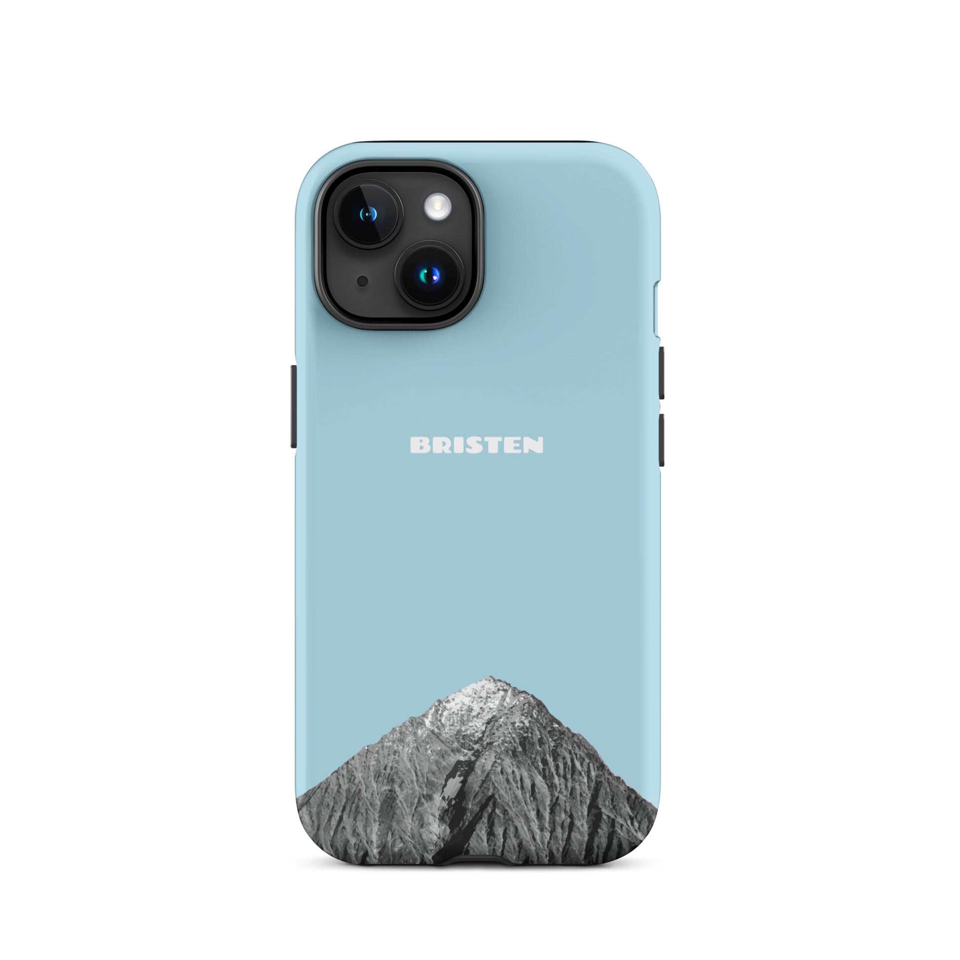 Hellblaue iPhone 15 Hülle aus Silikon mit strukturierter Oberfläche und präzisen Ausschnitten