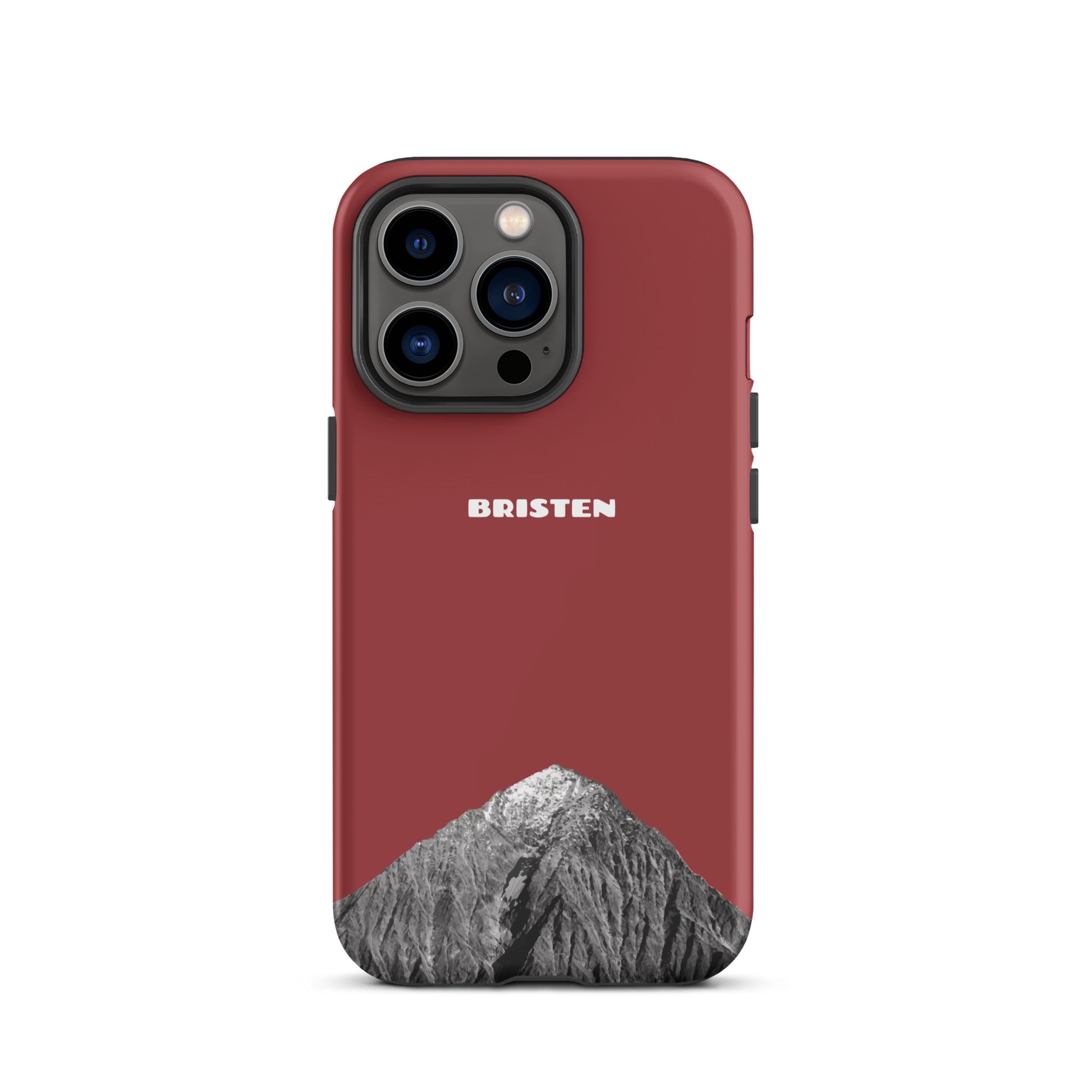 Rote iPhone 13 Pro Hülle aus Leder von Bristen, Seitenansicht mit sichtbarem Logo.