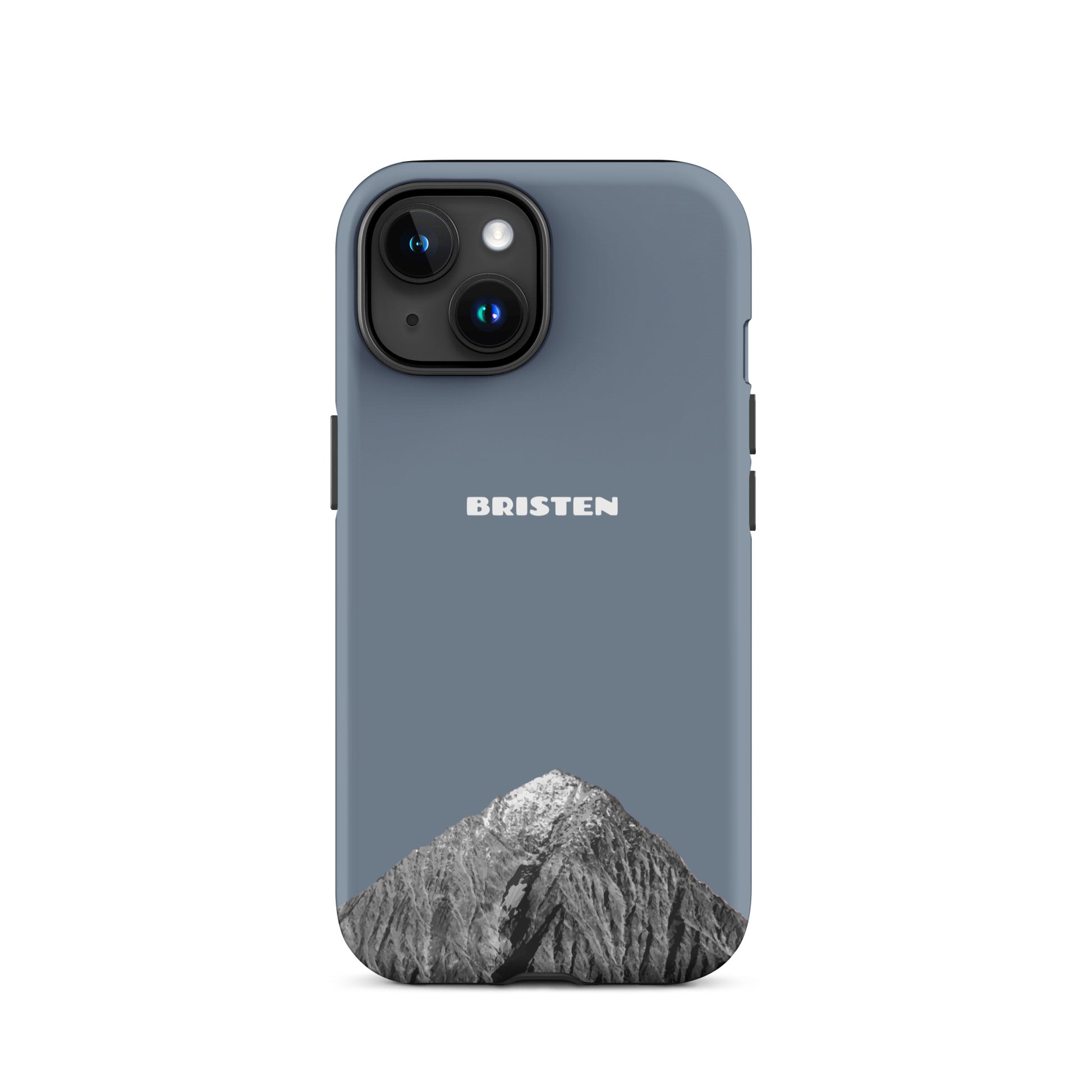 Schiefergraue iPhone 15 Hülle aus robustem Material mit strukturierter Oberfläche, Seitenansicht
