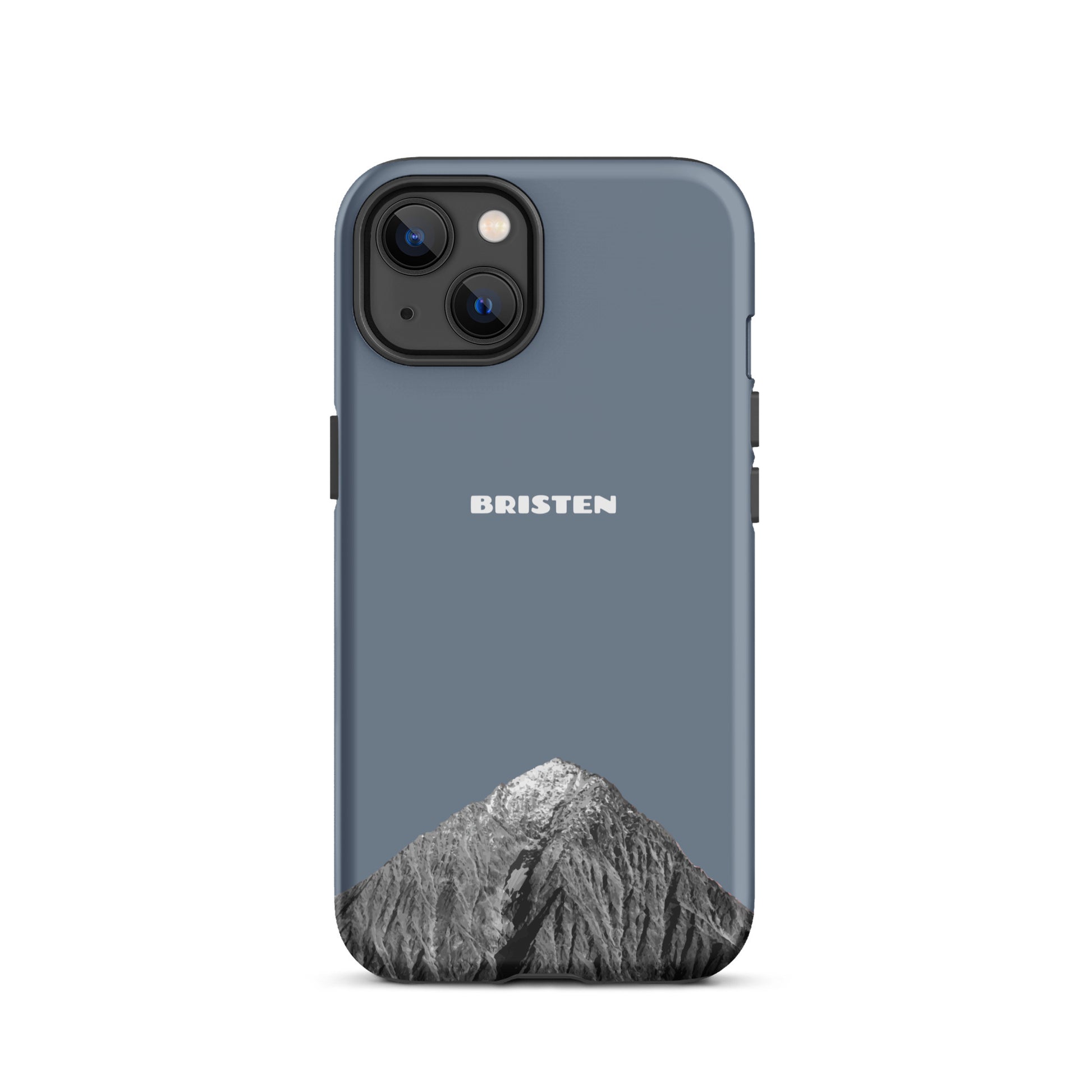 Schiefergraue iPhone 13 Hülle aus robustem Material mit strukturierter Oberfläche, Seitenansicht.