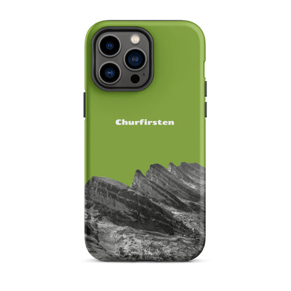 Gelbgrüne iPhone Hülle mit Churfirsten-Motiv, robustes Design, Schutzhülle aus hochwertigem Material.