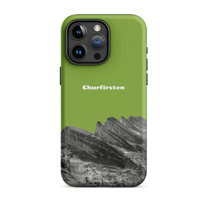Gelbgrüne iPhone-Hülle mit Churfirsten-Motiv, robustes Design, Schutzhülle für iPhone