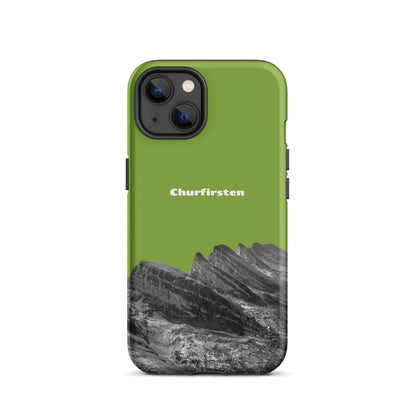 Gelbgrüne iPhone Schutzhülle mit Churfirsten-Motiv, robustes Design, Toggenburg-Landschaft, ideal für Outdoor-Enthusiasten.