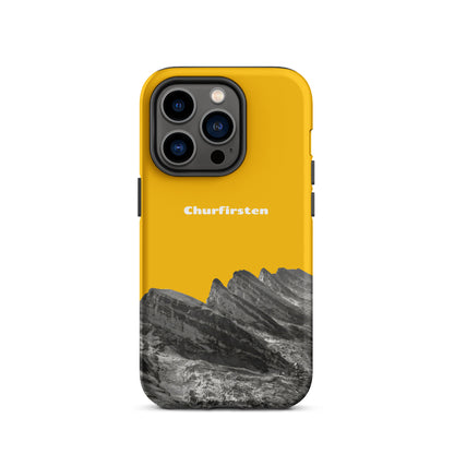 Goldgelbe iPhone Hülle mit Churfirsten-Motiv, robustes Design, Schutzhülle für iPhone.