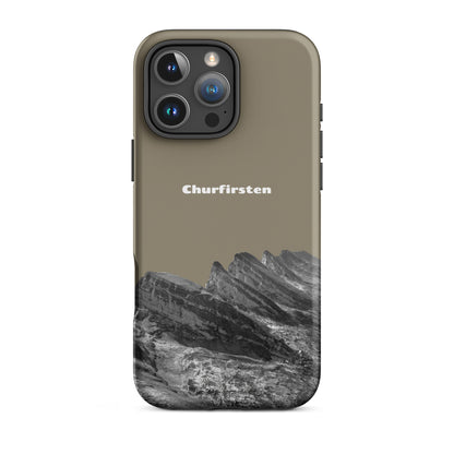 Robuste iPhone-Hülle in Graubraun mit Churfirsten-Motiv, Schutzhülle aus strapazierfähigem Material.