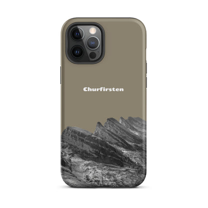 Robuste iPhone Hülle in Graubraun mit Churfirsten-Motiv, Schutzhülle mit attraktivem Design.