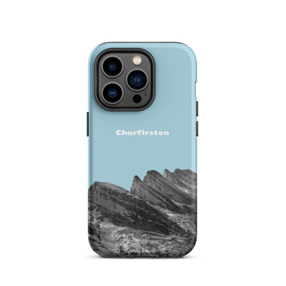 iPhone Hülle Churfirsten in Hellblau, robustes Design mit Toggenburg-Motiv, Schutzhülle für iPhone.