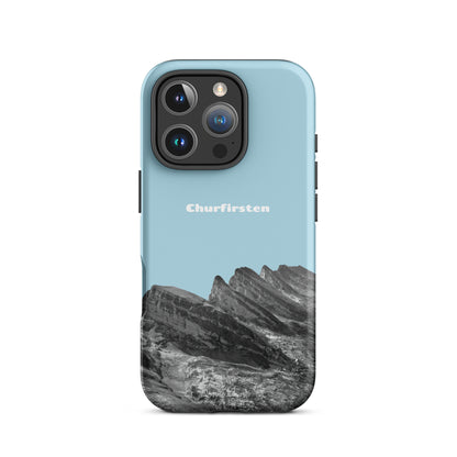 iPhone Case Churfirsten in Hellblau, robuste Schutzhülle mit Bergmotiv, Toggenburg Design.