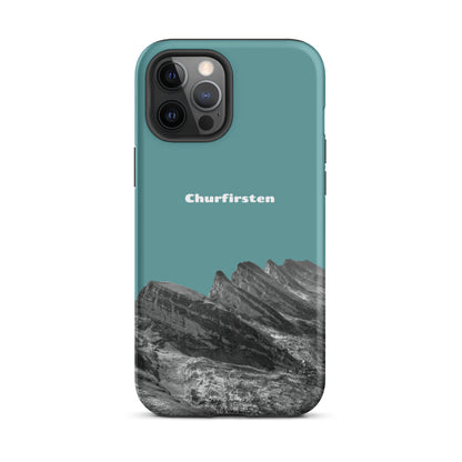 Robuste iPhone-Hülle in Kadettenblau mit Churfirsten-Motiv, Schutzhülle aus strapazierfähigem Material mit attraktivem Design.
