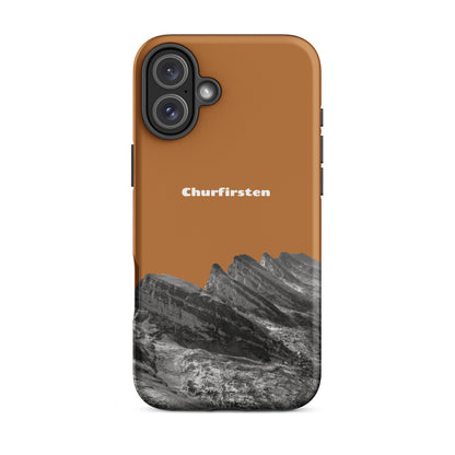 iPhone Hülle Churfirsten in Kupferoptik, robuste Schutzhülle mit Alpenmotiv, Toggenburg Design.