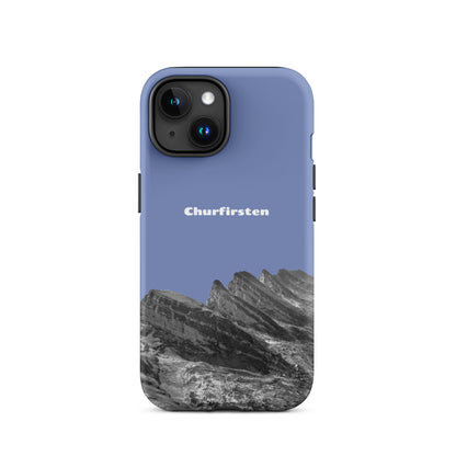 Robuste iPhone-Hülle in Pastellblau mit Churfirsten-Motiv, Schutzhülle aus widerstandsfähigem Material.