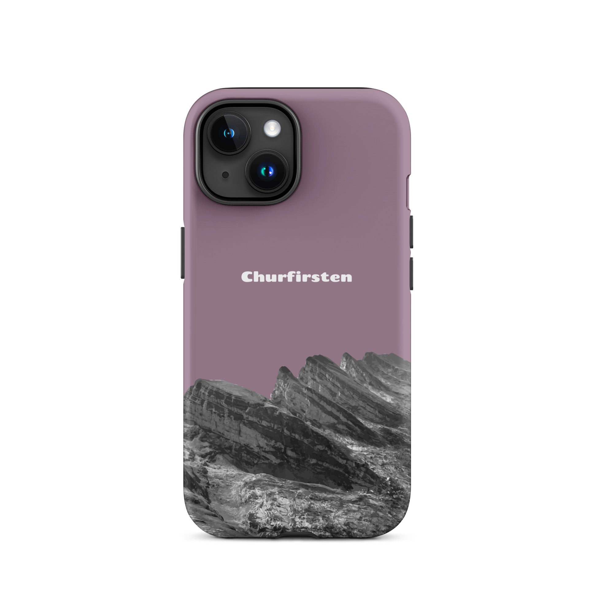 Robuste iPhone Hülle in Pastellviolett mit Churfirsten-Motiv aus dem Toggenburg. Attraktives Design.