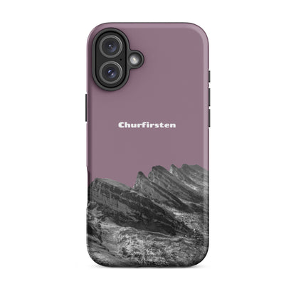 iPhone Hülle mit Churfirsten-Motiv in Pastellviolett, robuste Schutzhülle aus Kunststoff.