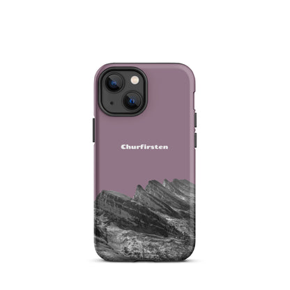 Robuste iPhone Schutzhülle in Pastellviolett mit Churfirsten-Bergmotiv aus Toggenburg, attraktives Design.